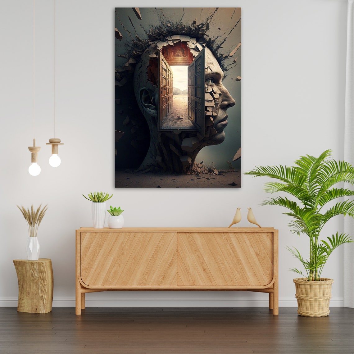 Surreal Stone Head With Open Wooden Doors Into A Desert Light Poster - Image 3