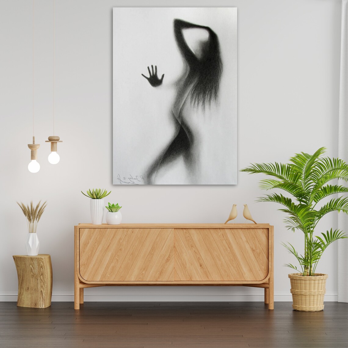 Charcoal Sketch Of Woman Silhouette Behind Glass With Handprint Wall Art - Image 3
