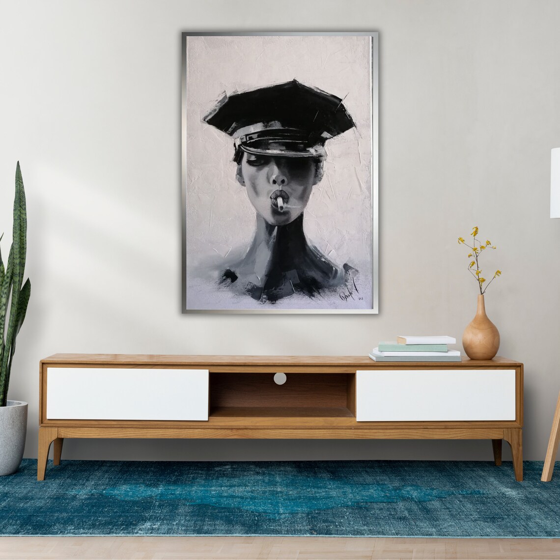 Woman Police Cap Smoking Monochrome Black White Bold Portrait Art Print Poster - Image 2