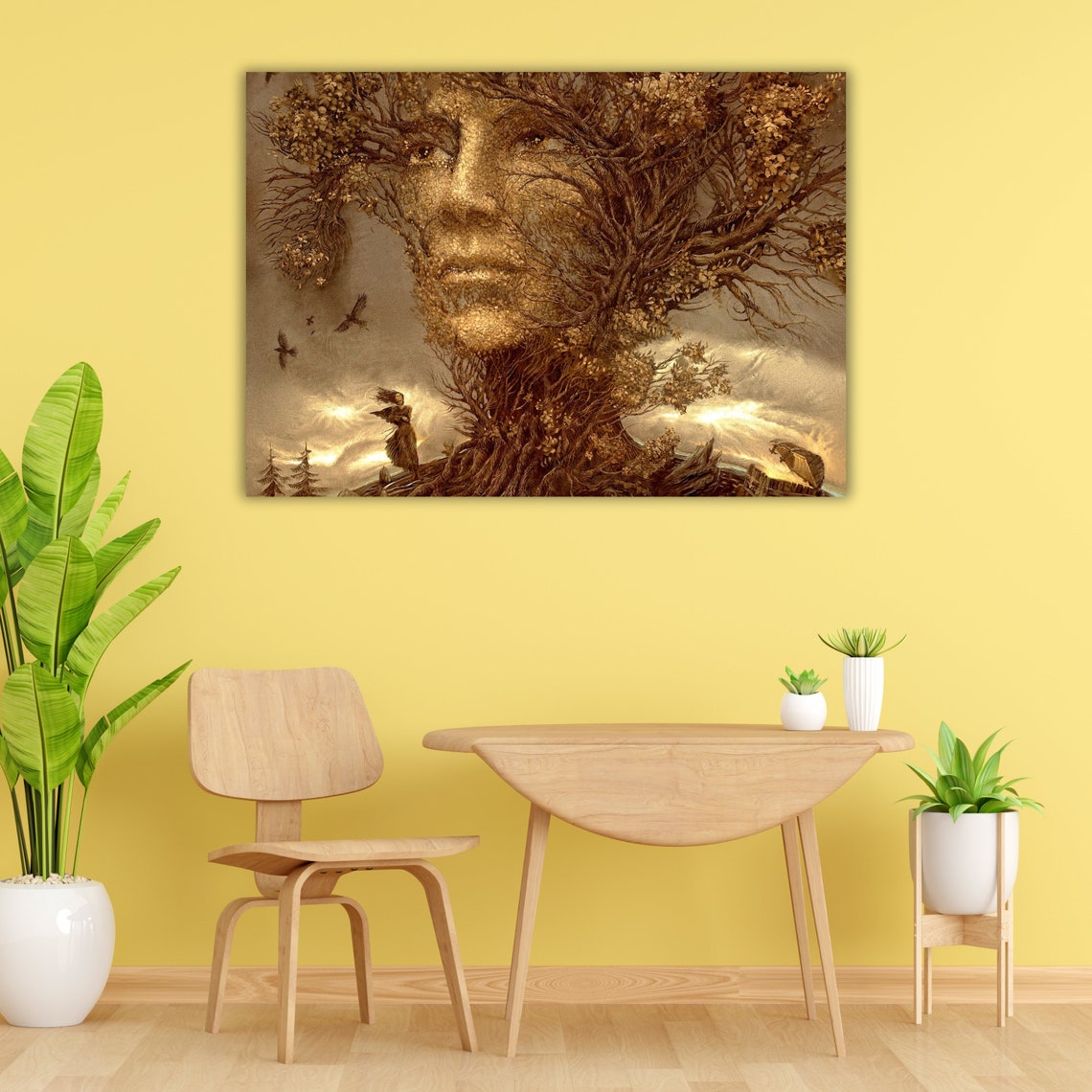 Surreal Tree Spirit Face Golden Forest Birds Fantasy Nature Art Print - Image 4