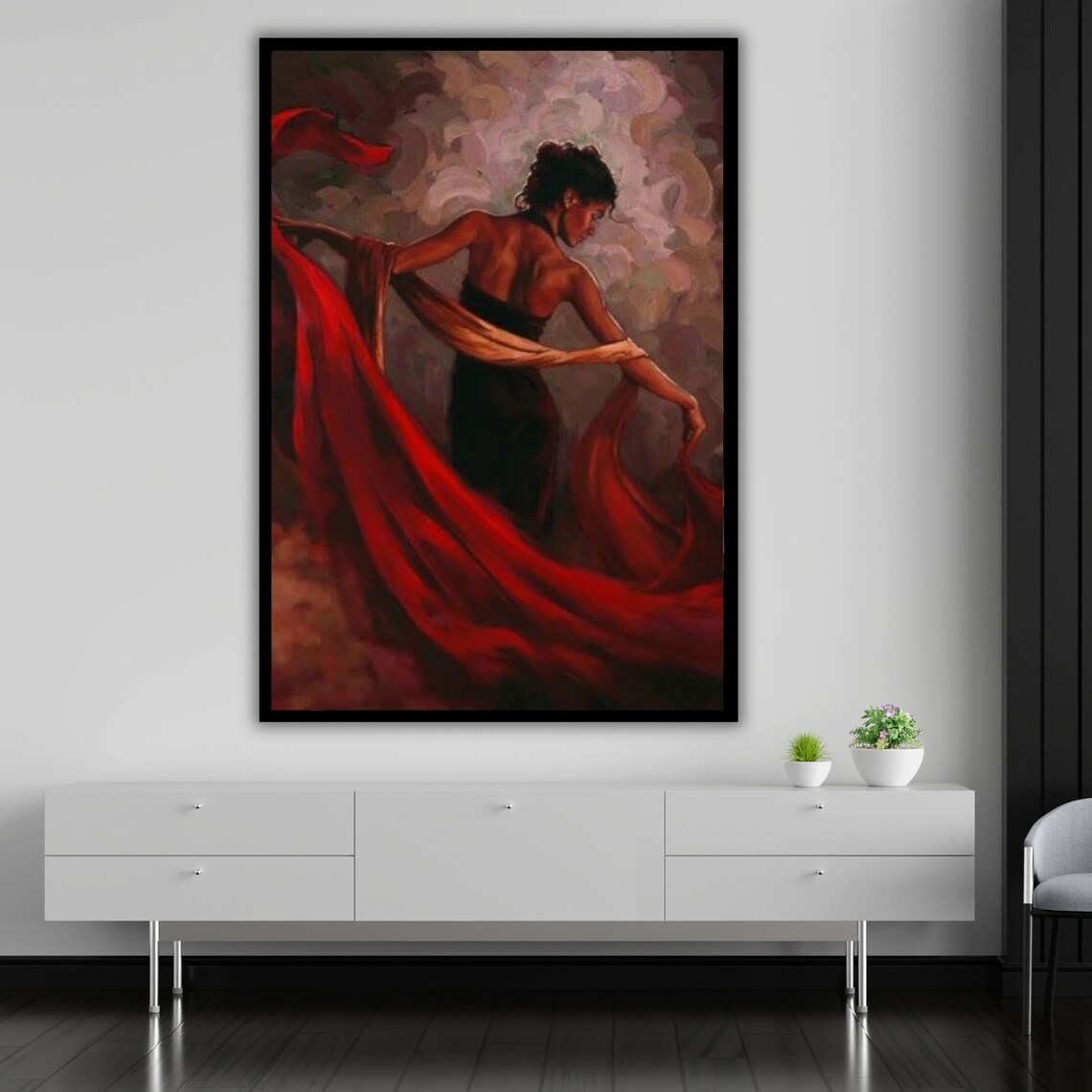 Woman Black Dress Flowing Red Fabric Dramatic Painterly Dance Art Print Poster - Image 5