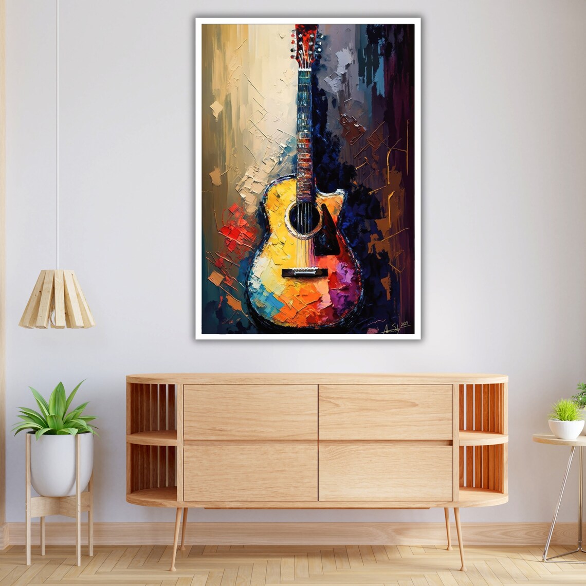 Colorful Acoustic Guitar Impasto Oil Painting Vibrant Music Room Wall Art - Image 4