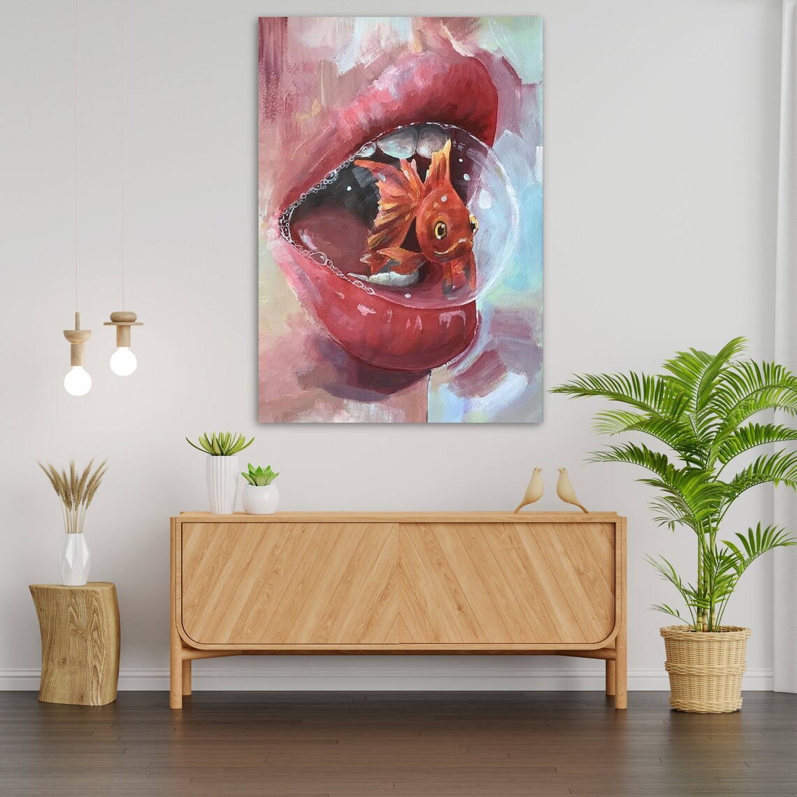 Fish In Mouth Wall Art Surreal Ready To Hang Fish Artwork Nautical Decor Ocean Theme Art - Image 3