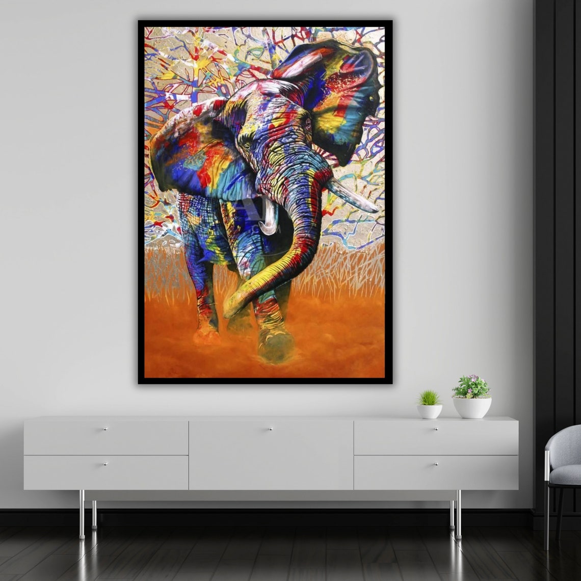 Colorful Elephant Walking With Raised Trunk Splash Art Wildlife Poster - Image 5