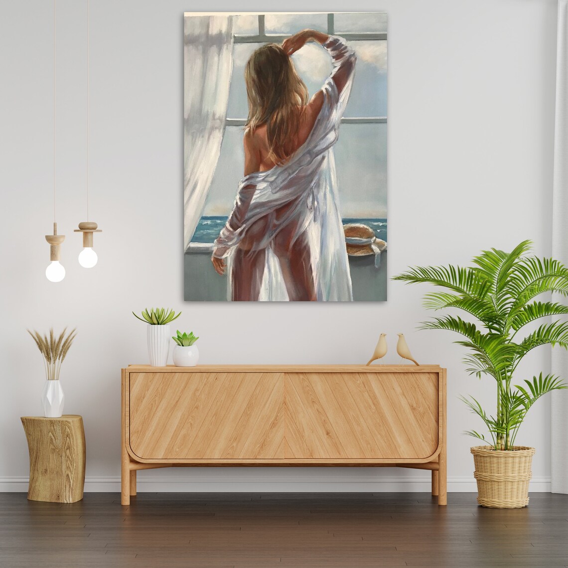 Woman At Open Window With Ocean View White Sheer Dress Seaside Art Print - Image 3