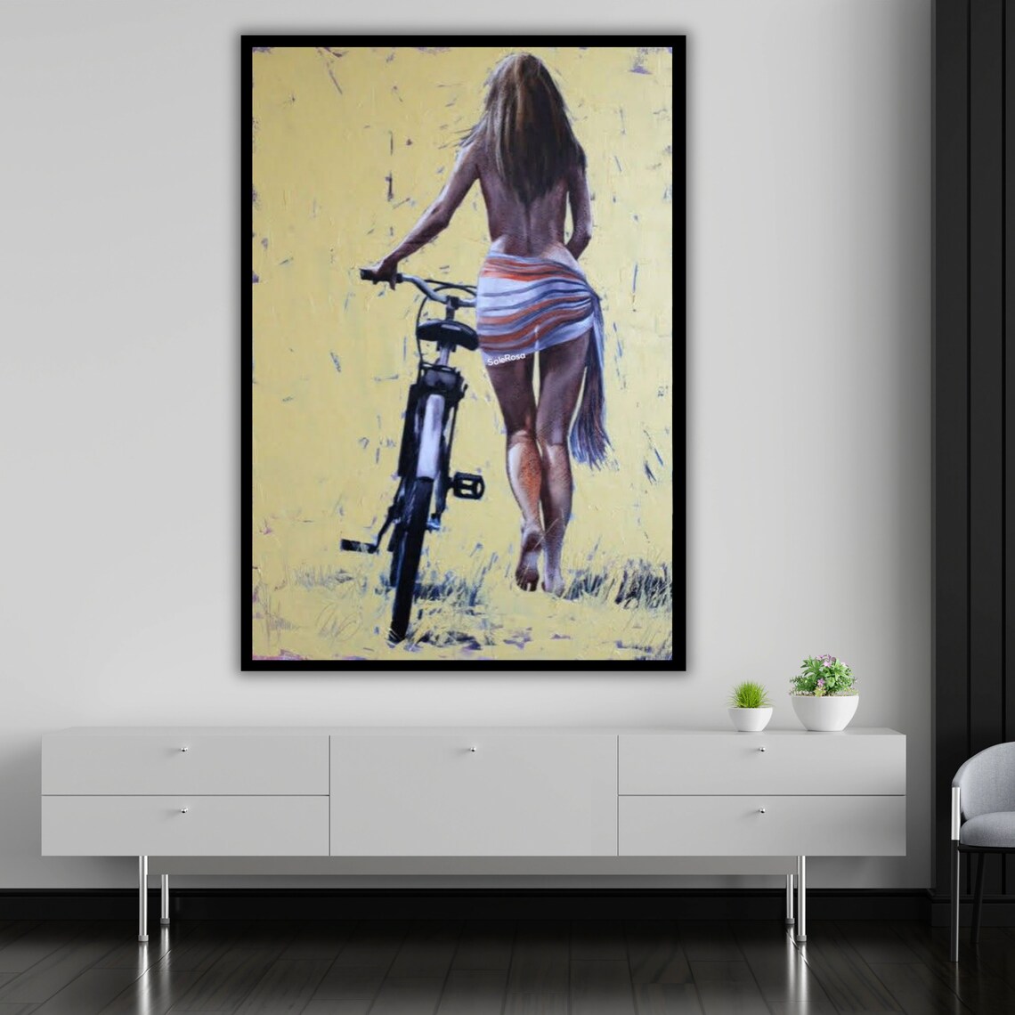 Golden Beach Day Woman Walking Bicycle In Sunlit Field Art Poster - Image 4
