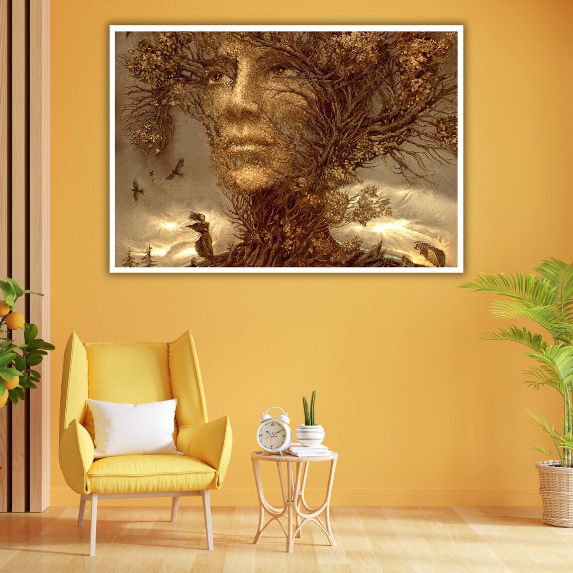 Surreal Tree Spirit Face Golden Forest Birds Fantasy Nature Art Print - Image 2