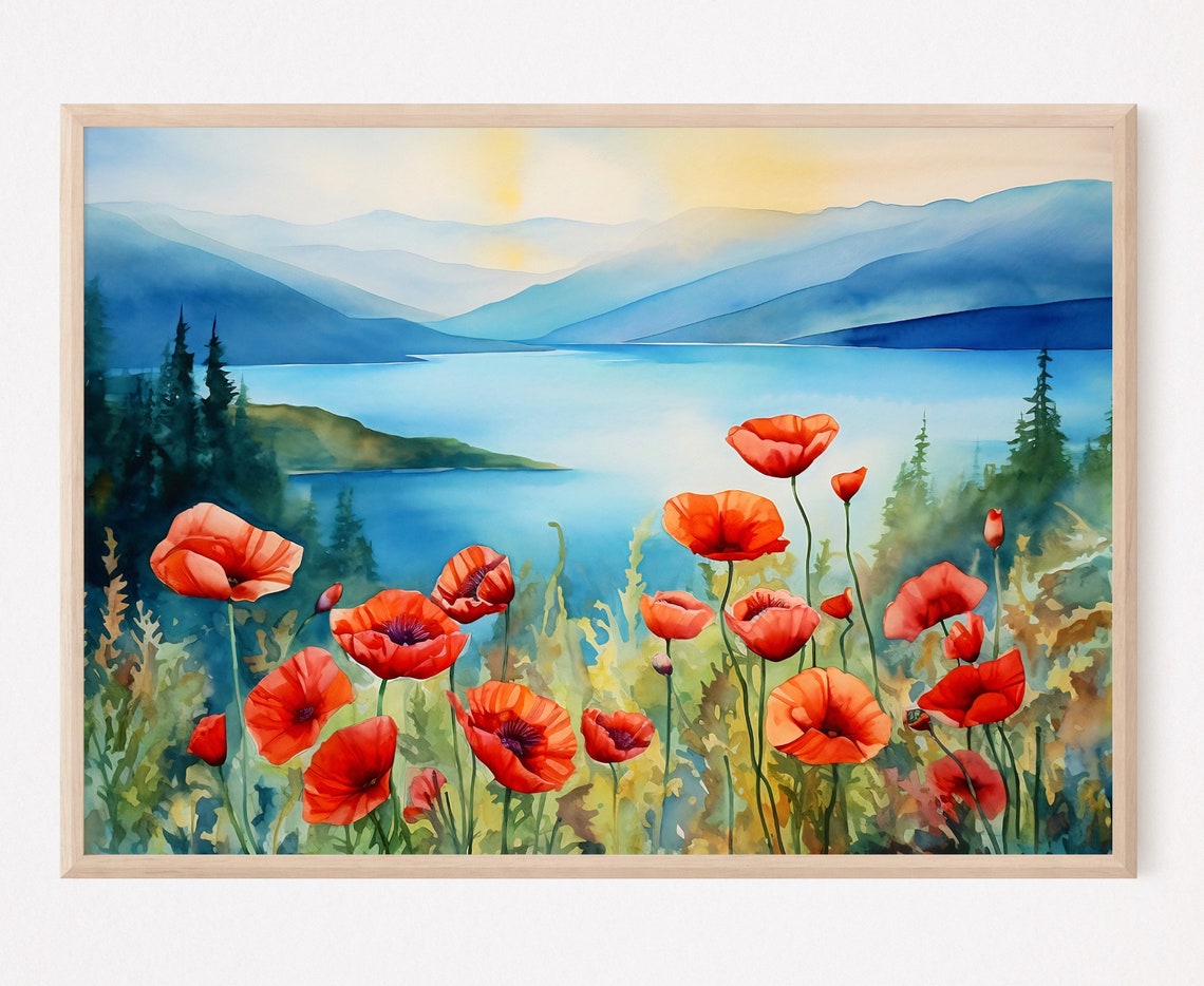Mountain River Watercolor Art Print Landscape Panoramic Wall Art Home Decor Gift