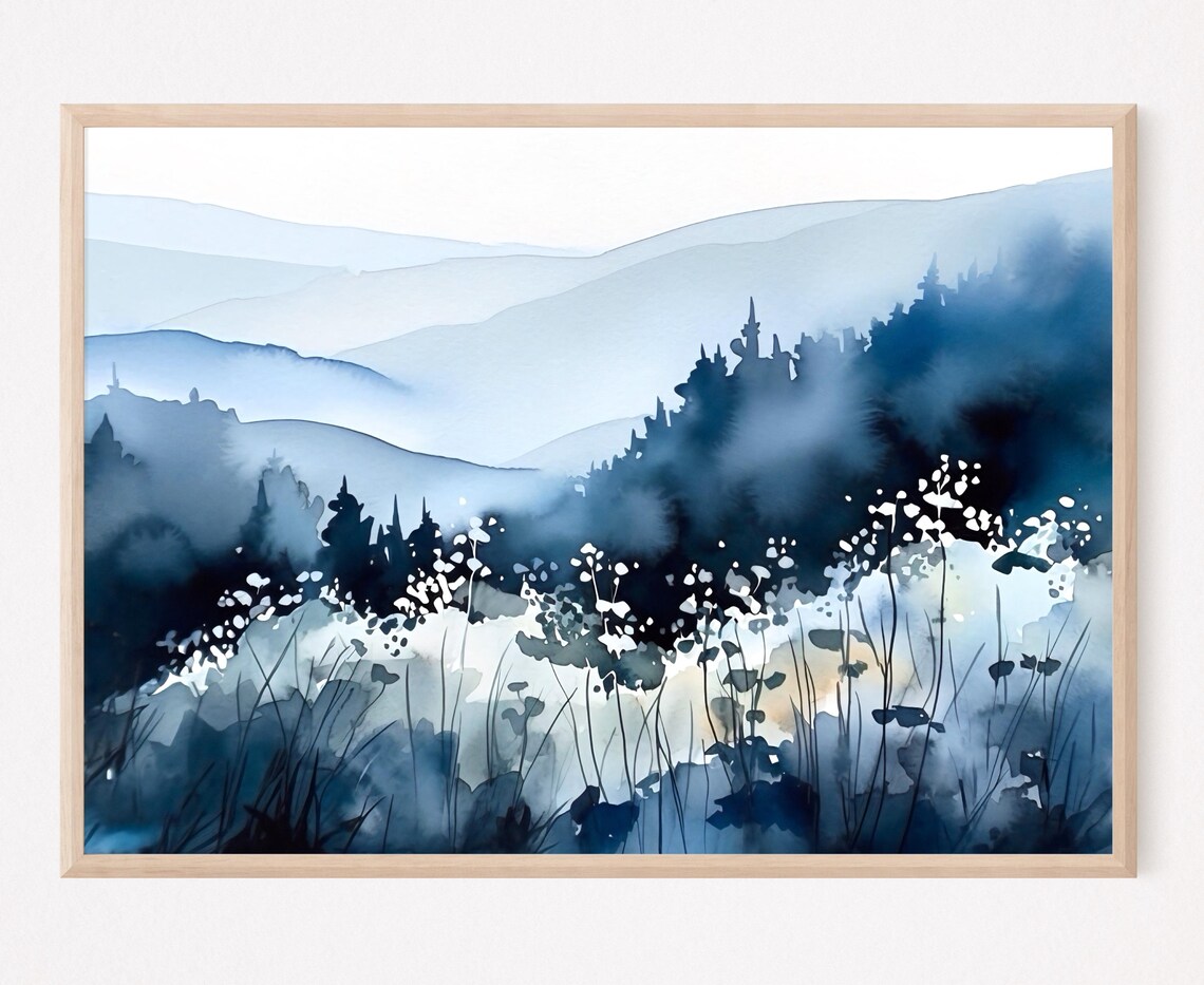 Blue Misty Mountain Ridges Wildflowers Watercolor Landscape Poster