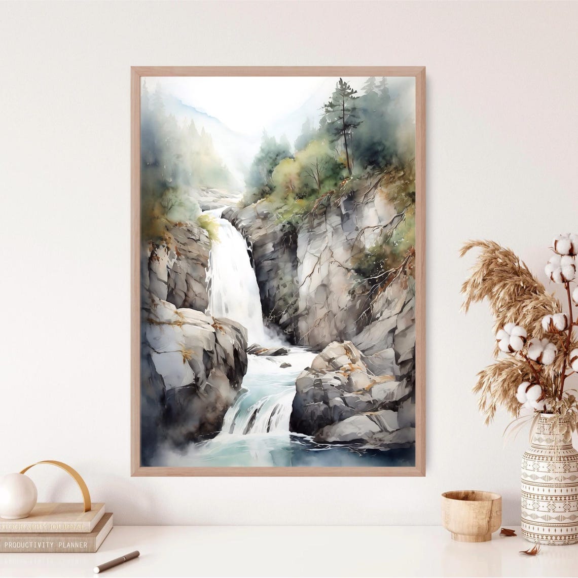 Forest Canyon Waterfall Plunging Into Rocky Pool Watercolor Poster - Image 3