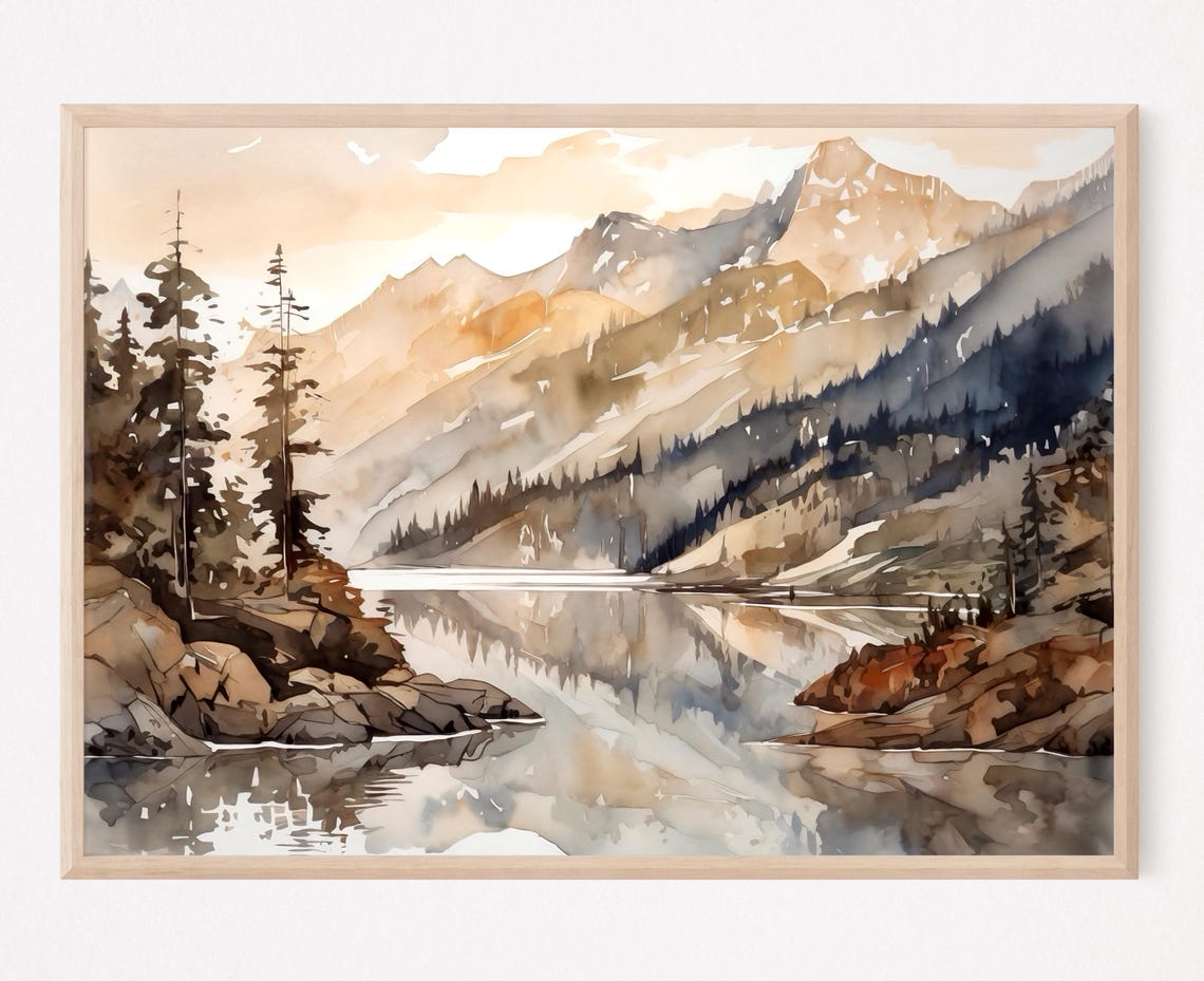 Mountain Lake Reflection with Snowy Mountain Peaks Watercolor Poster