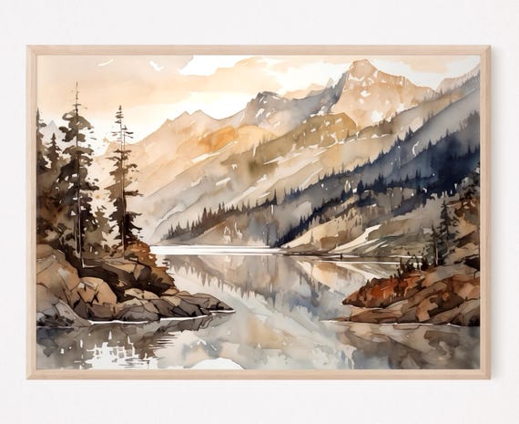 Mountain Lake Watercolor Painting Art Print Mountain Landscape Large Wall Art Neutral Home Decor Gift Art