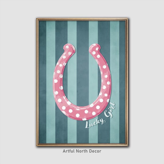 Lucky Girl Horseshoe Print Grandmillennial Pink Polka Dot Wall Art