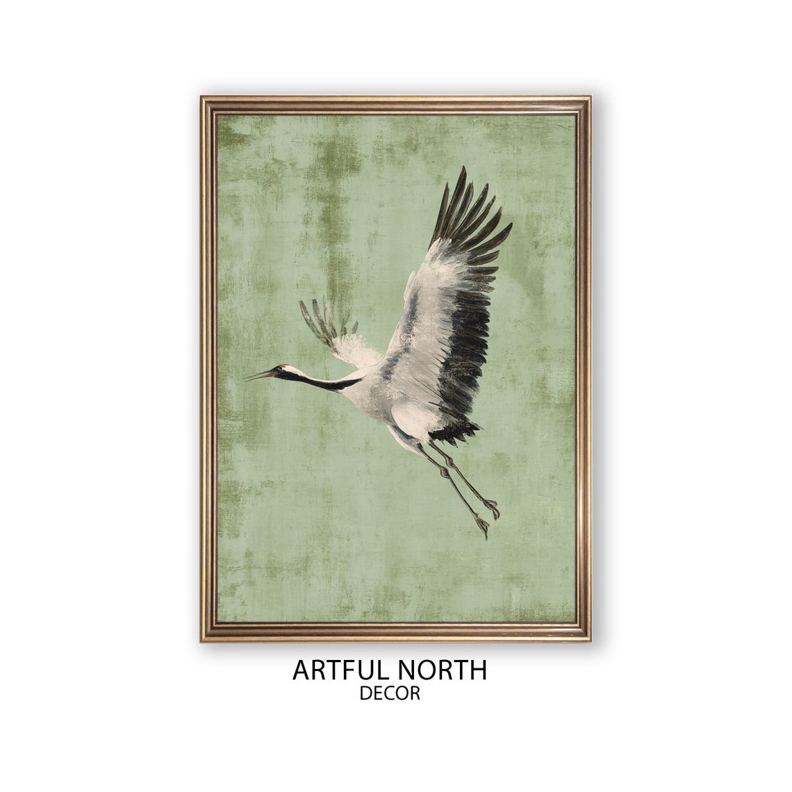 Elegant Crane In Flight On Sage Green Textured Background Poster