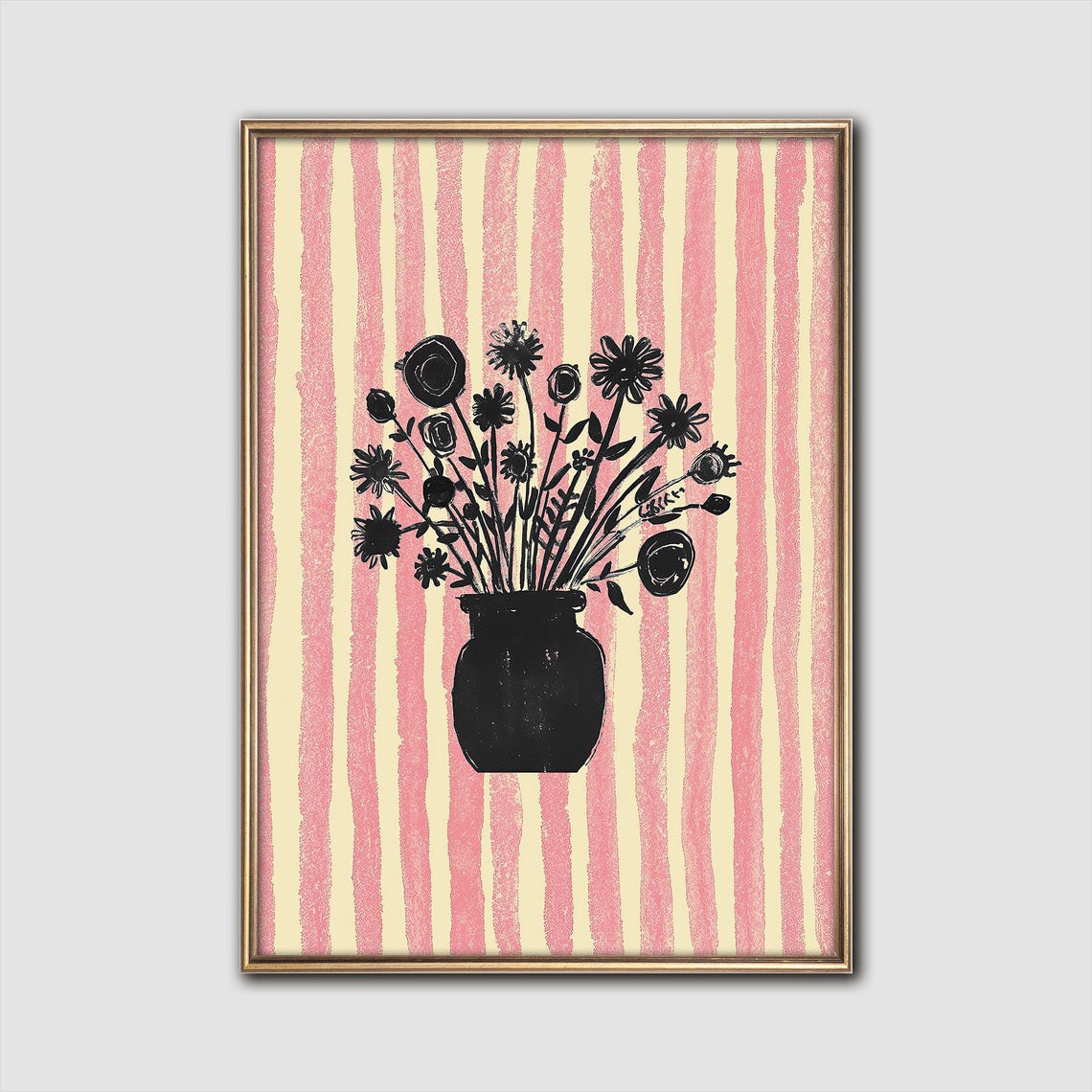 Black Crayon Flower Bouquet Vase Bold Pink Striped Botanical Wall Art