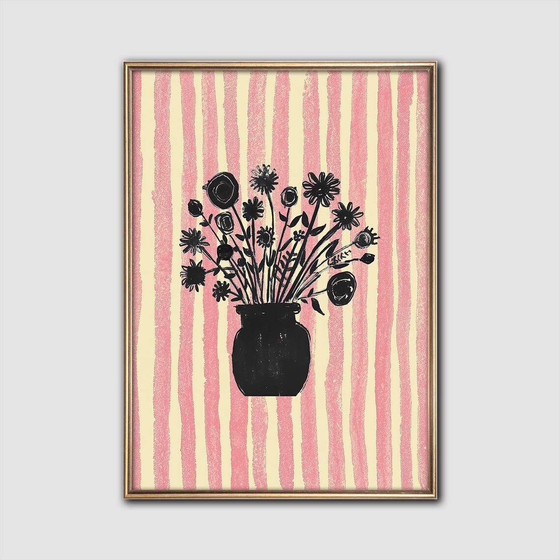 Botanical Sass Black Crayon Flower Print Bold Striped Wall Art
