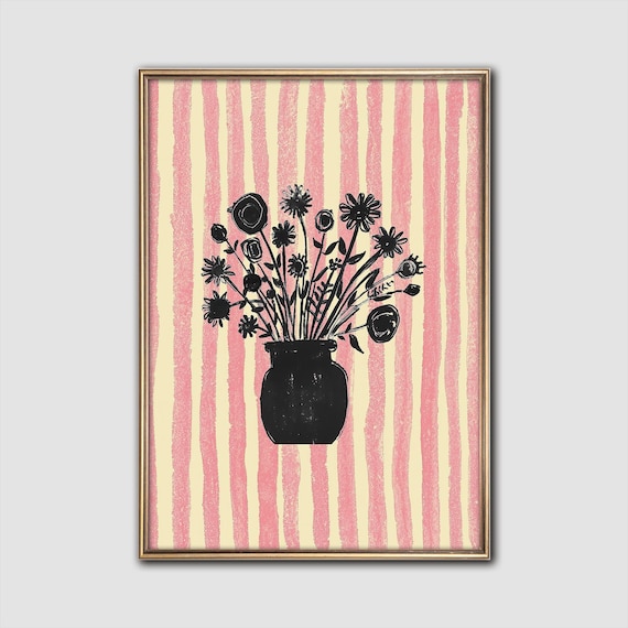 Black Crayon Flower Bouquet Vase Bold Pink Striped Botanical Wall Art