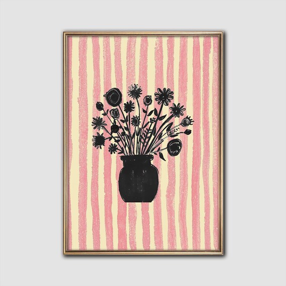 Botanical Sass Black Crayon Flower Print Bold Striped Wall Art