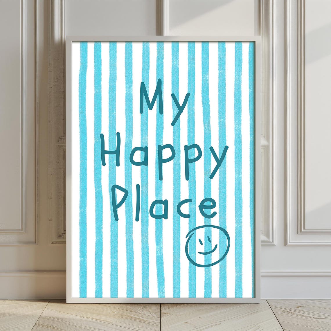 My Happy Place Smiley Face Blue Stripe Hand Lettered Quote Poster