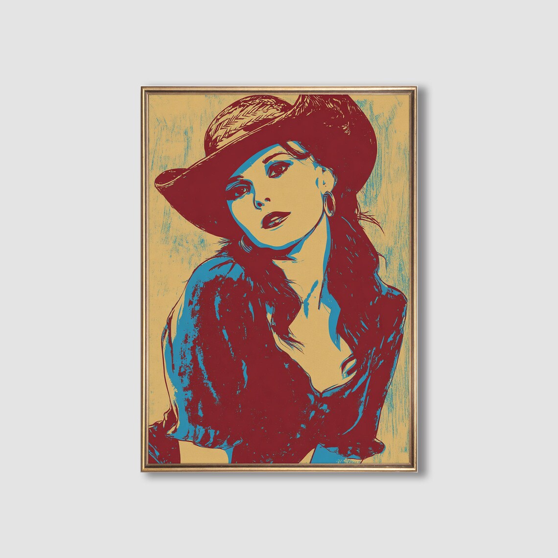 Cowgirl In Red Cowboy Hat Blue And Red Pop Art Portrait Poster