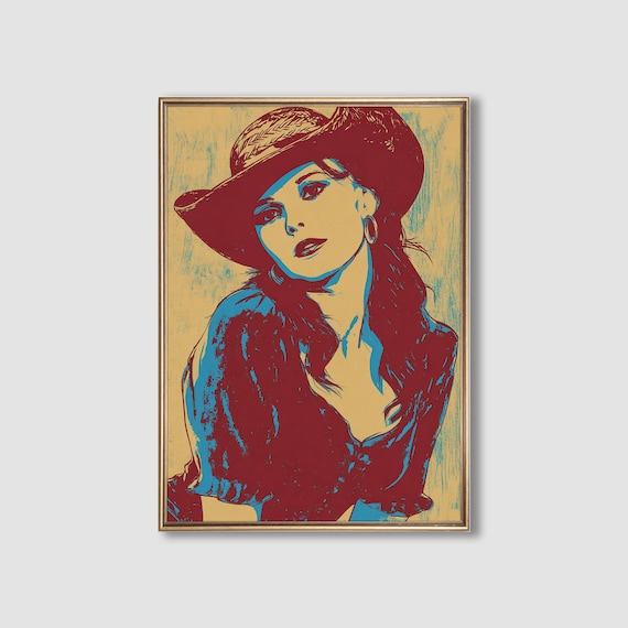 Cowgirl In Red Cowboy Hat Blue And Red Pop Art Portrait Poster