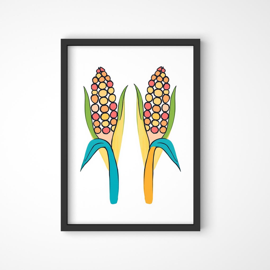 Colorful Corn Cob Pair Playful Kitchen Farm Illustration Art Poster
