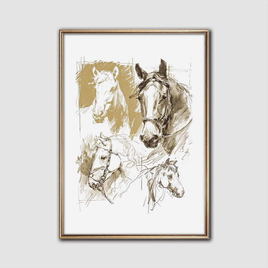 Vintage Sepia Horse Head Sketches Equestrian Study Art Poster