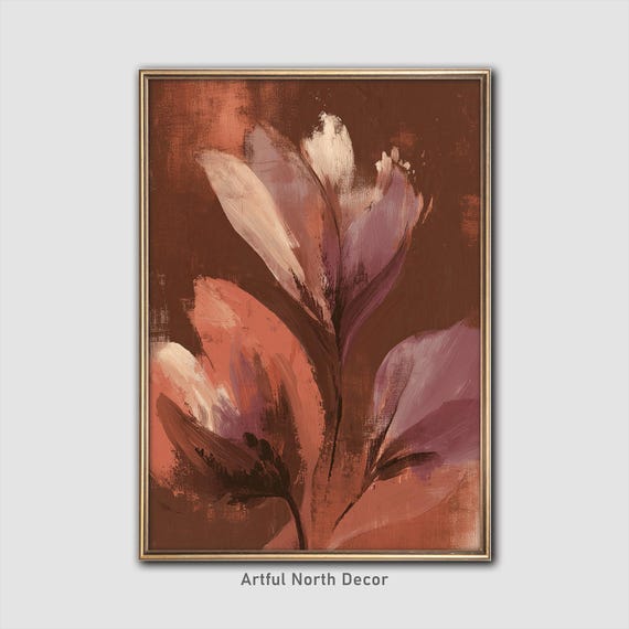 Abstract Botanical Print Sunset Coral Crocus Purple Accents