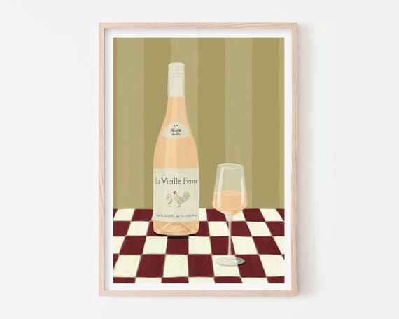 Chicken Wine Art Print, Happy Hour Bar Decor