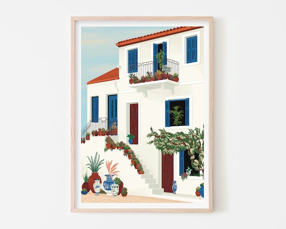 Greek Blue And White House, Mediterranean Travel Poster