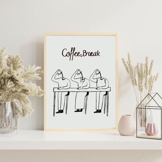 Coffee Break Funny Line Drawing Friends Cafe Kitchen Art Poster
