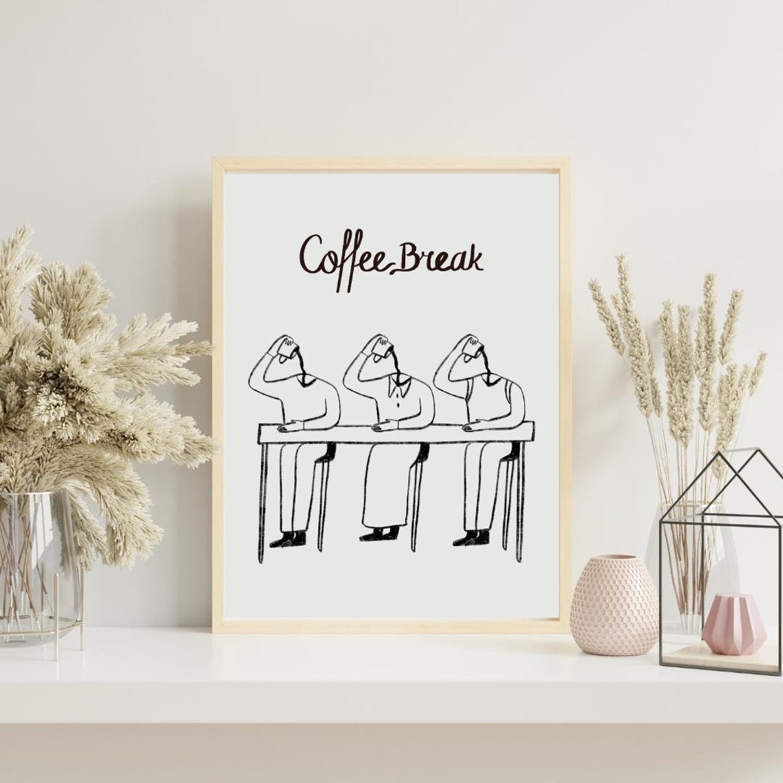 Coffee Break Funny Line Drawing Friends Cafe Kitchen Art Poster