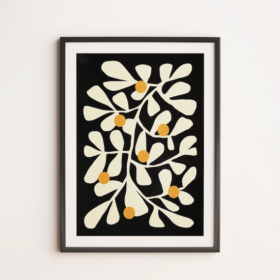 Mid Century Botanical Paper Cutout Black and White Modern Poster