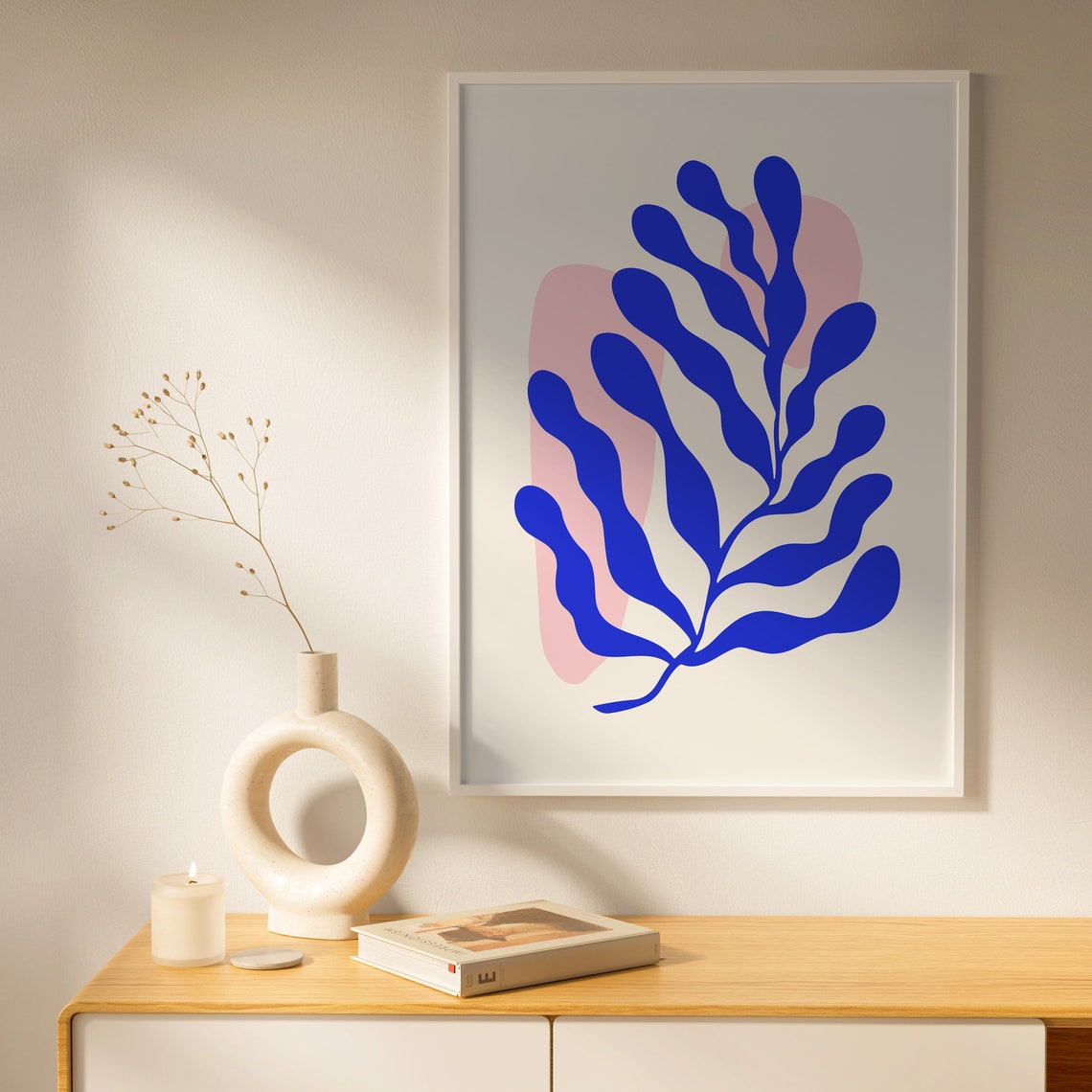 Blue Leaf Botanical Cutout Abstract Pink Backdrop Modern Art Print - Image 3