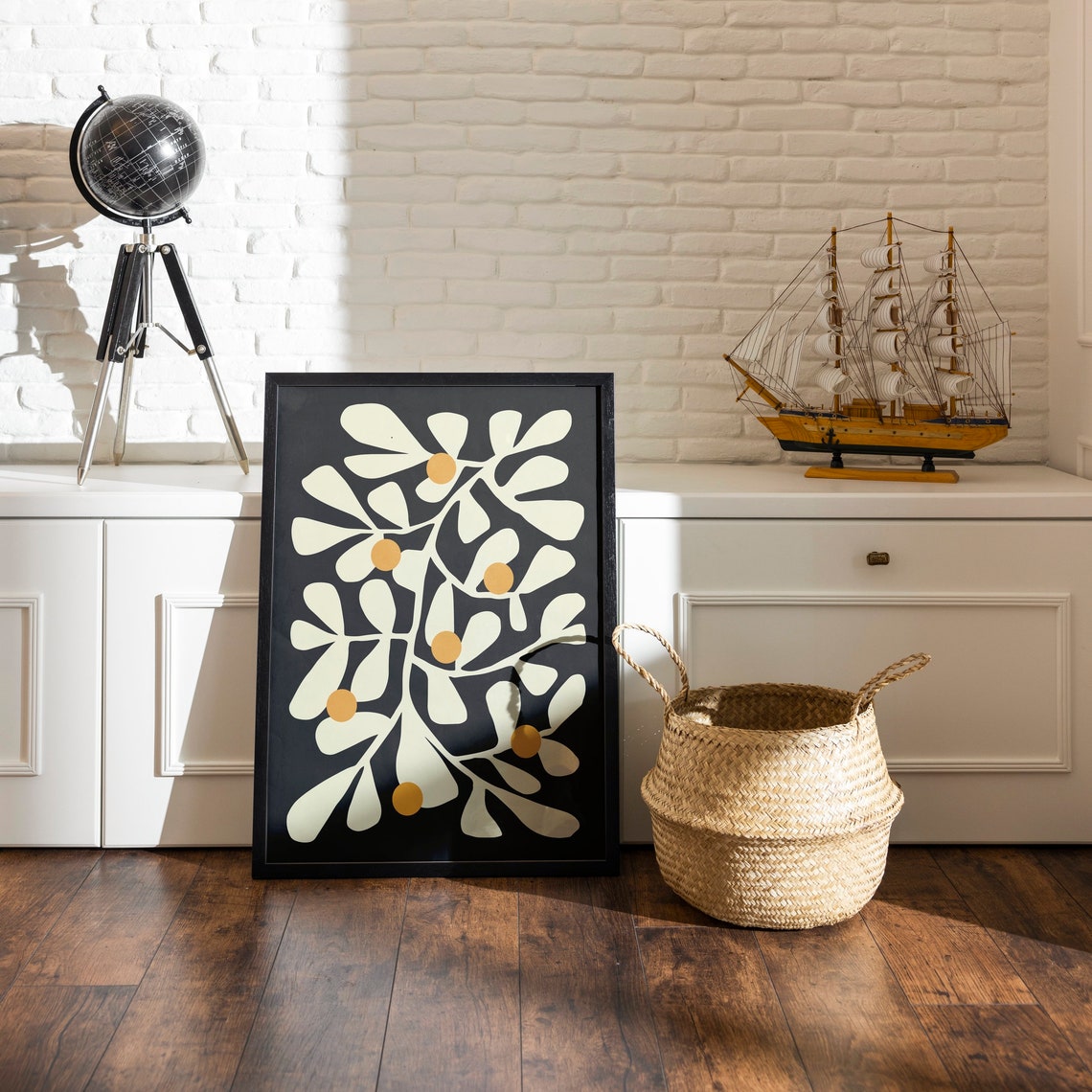 Mid Century Botanical Paper Cutout Black and White Modern Poster - Image 3