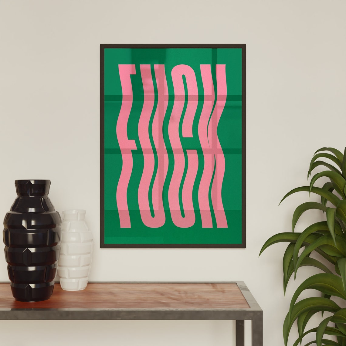 Wavy Bold Typography Pop Art Poster in Pink on Tropical Green
