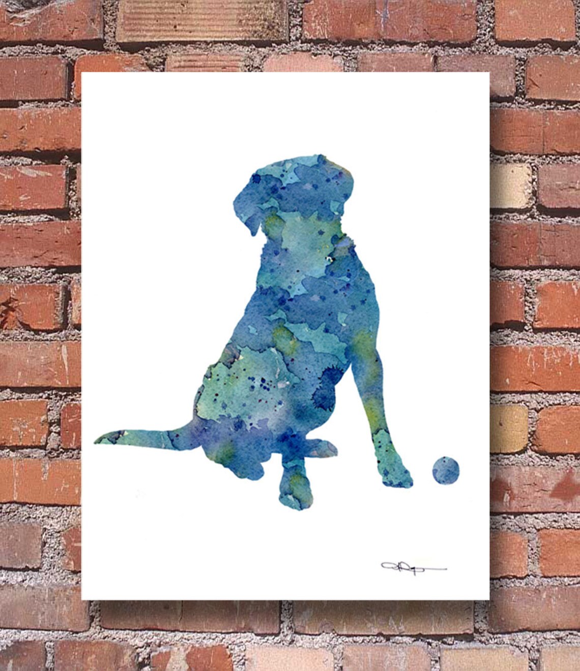 Blue Watercolor Sitting Labrador Retriever Dog with Ball Art Print