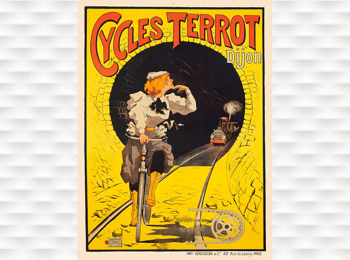 Cycles Terrot Dijon Vintage French Bicycle Poster Woman Train Tunnel