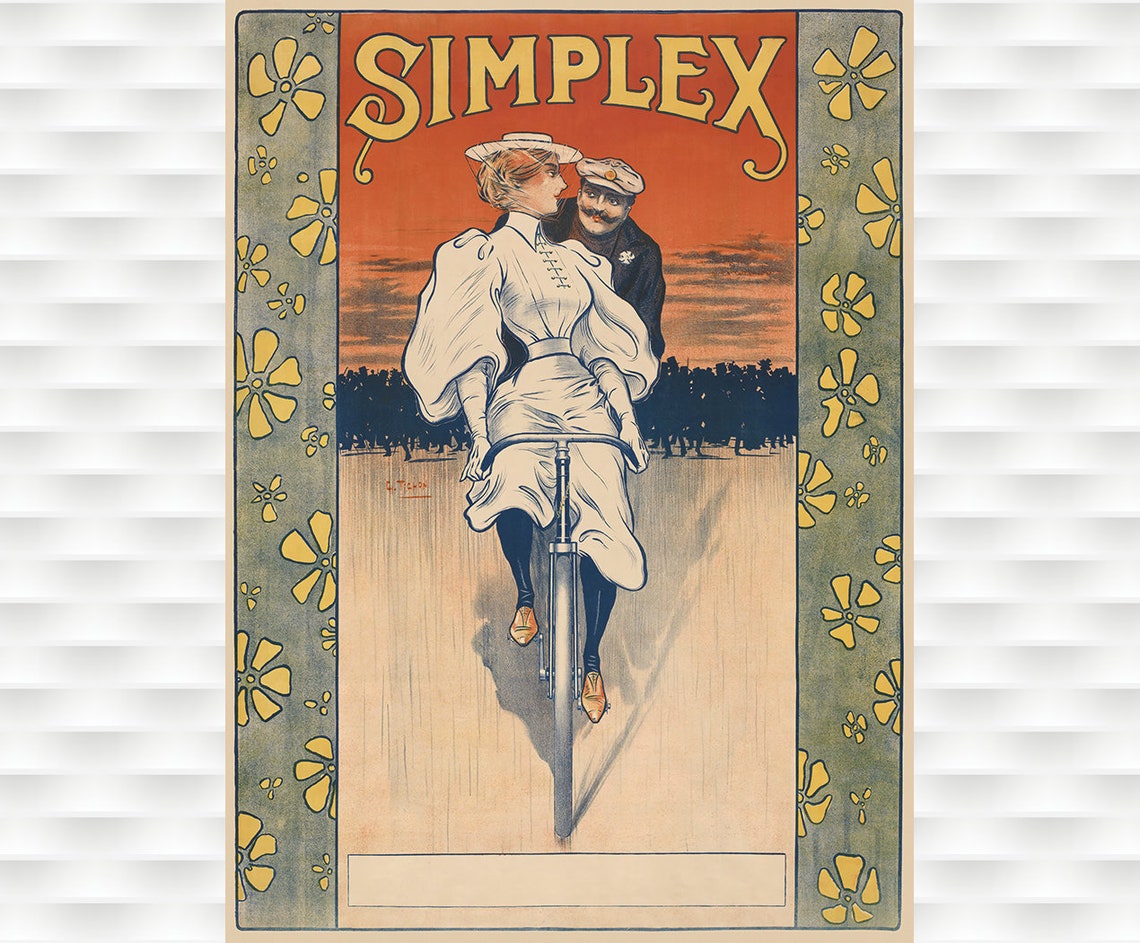 Simplex Tandem Bicycle Couple Sunset Vintage French Cycling Poster
