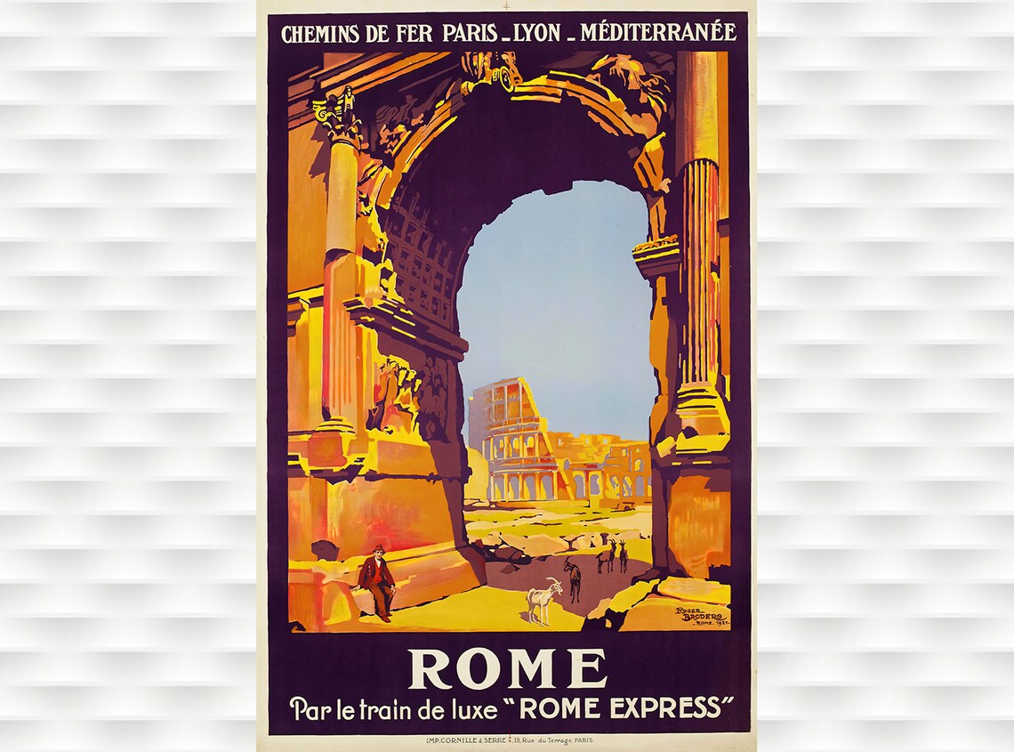 Rome Express Vintage French Railway Poster PLM Colosseum Landmark