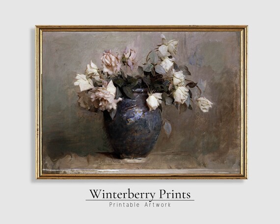 Antique White Roses Dark Vase Still Life Oil Painting Vintage Art Poster