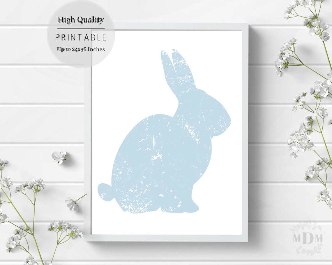 Light Blue Bunny Silhouette Distressed White Framed Easter Art Poster - Image 2
