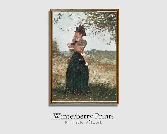 Vintage Woman Portrait Blossoming Branches Meadow Oil Painting Antique Poster