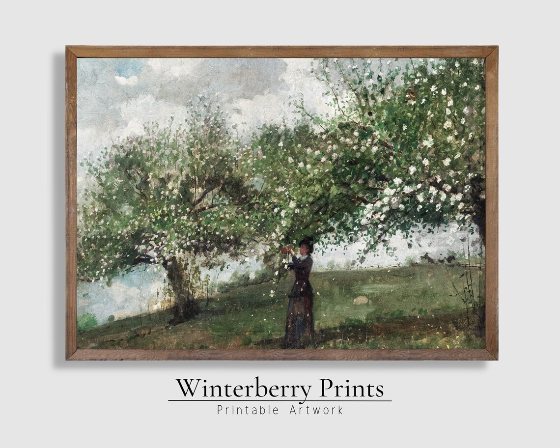 Vintage Lady Picking Blossoms Flowering Orchard Oil Painting Antique Poster - Image 5