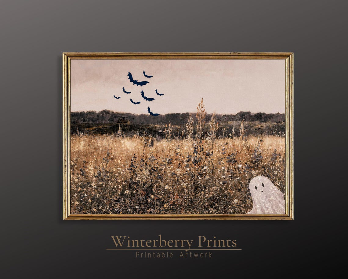 Cute Ghost Wildflower Field Bats Flying Spooky Halloween Wall Art