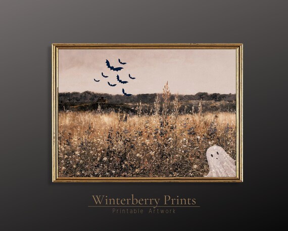 Cute Ghost Wildflower Field Bats Flying Spooky Halloween Wall Art