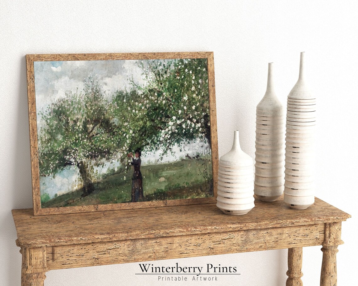 Vintage Lady Picking Blossoms Flowering Orchard Oil Painting Antique Poster - Image 3