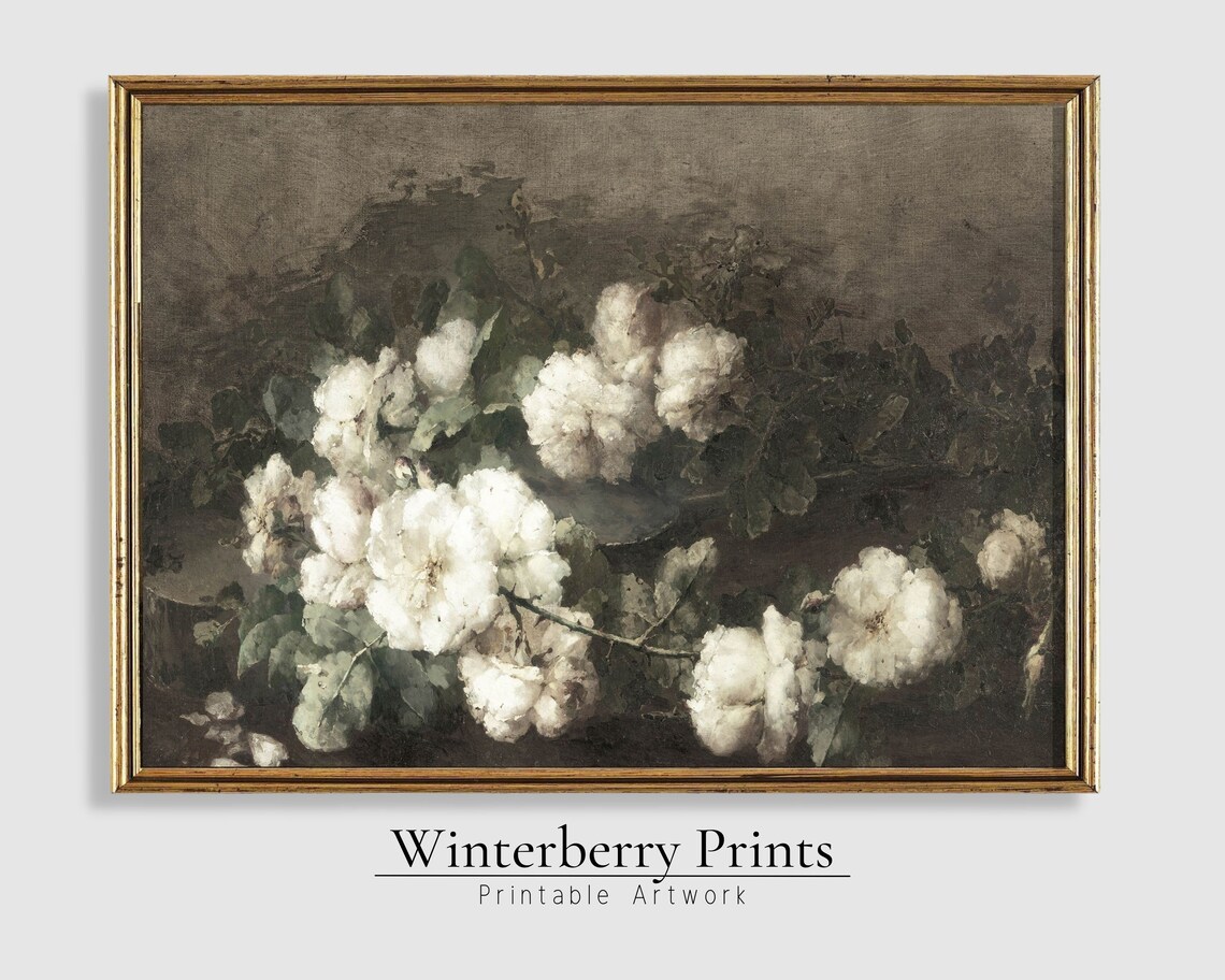 Moody White Rose Still Life Dark Antique Oil Painting Wall Art