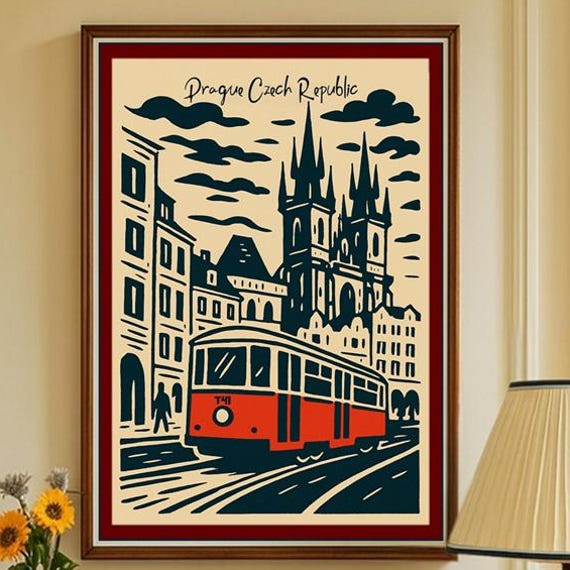 Prague Tram Art Print Vintage Linocut Poster Czech Republic Travel Wall Old Town Illustration