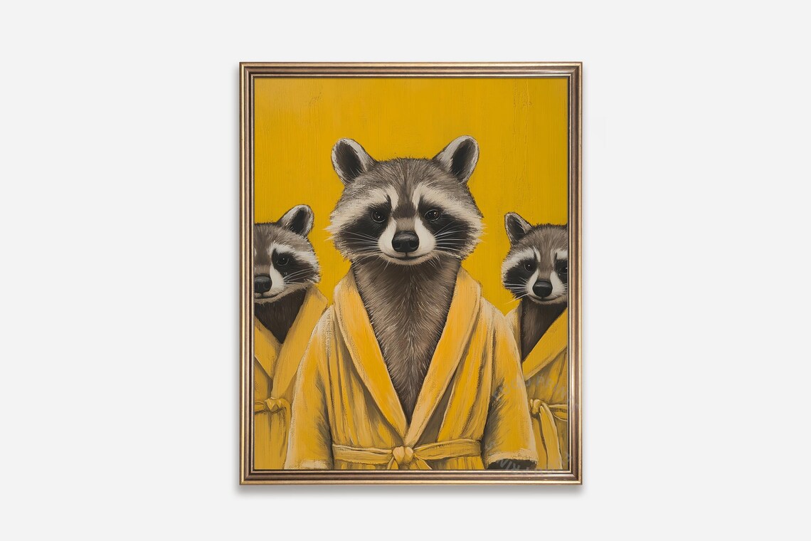Three Raccoons in Yellow Bathrobes on Mustard Background Funny Poster